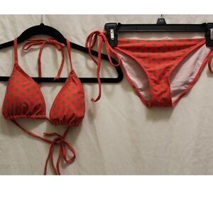 Super cute green and coral polka dot bikini.